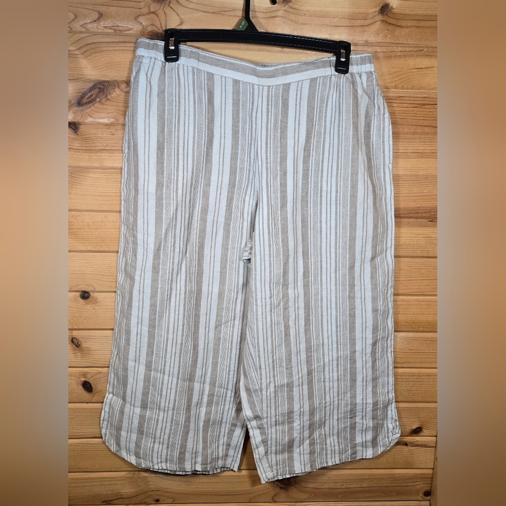 Coldwater Creek Striped Linen Wide-Leg Crops Pull On Pant Tan/White Large Beachy